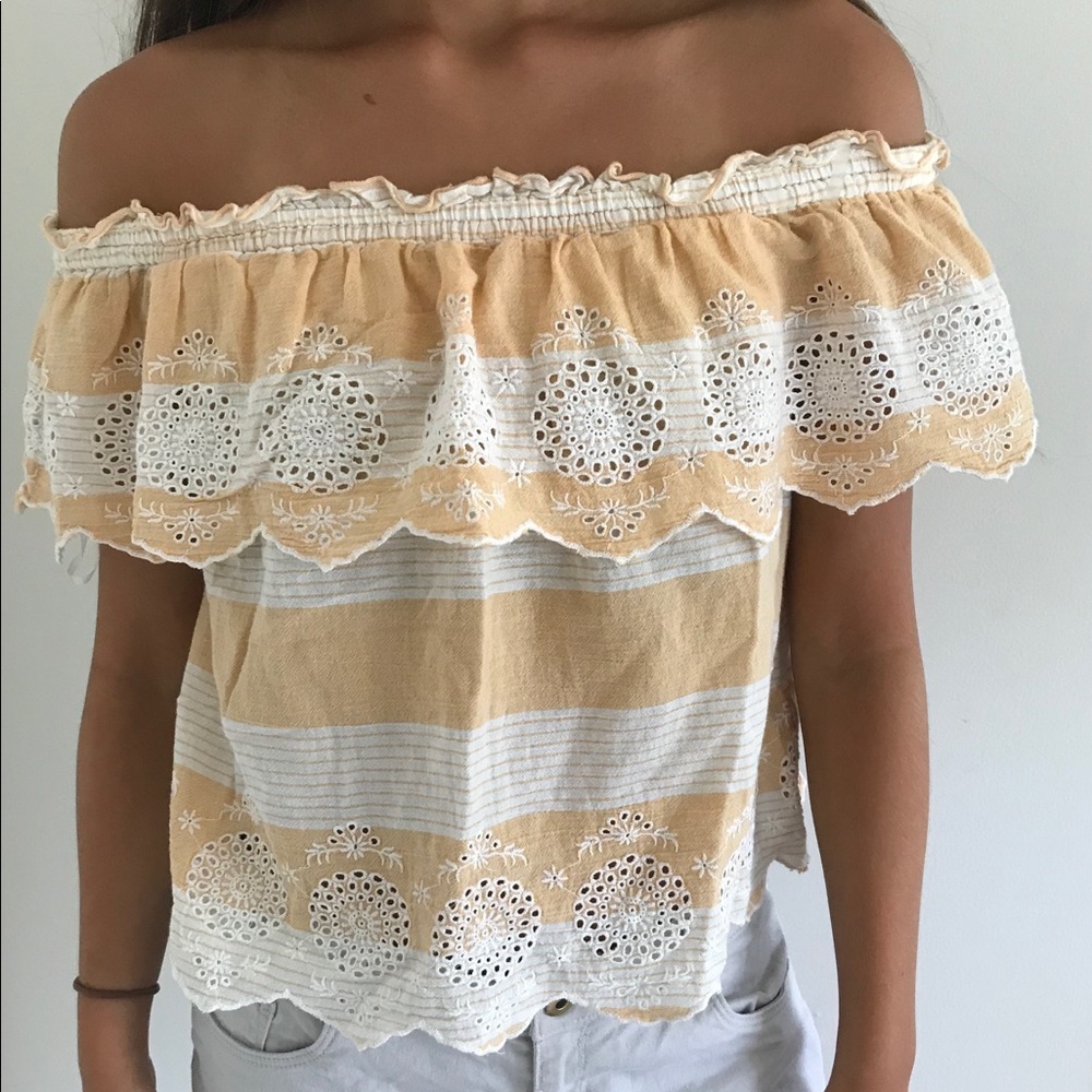 yellow and white off the shoulder top